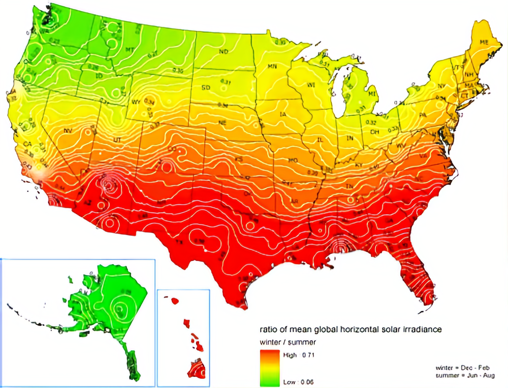 United States Map showing solar irradiance